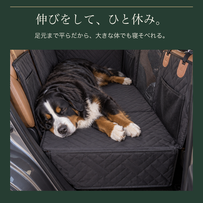 足元まで平らな後部座席で寝そべるバーニーズ